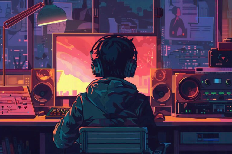 retro-digital-art-illustration-person-using-radio-technology